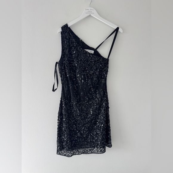 MAC DUGGAL Black One Shoulder Sheer Hand Sequined Mini Dress 4 - Picture 7 of 12